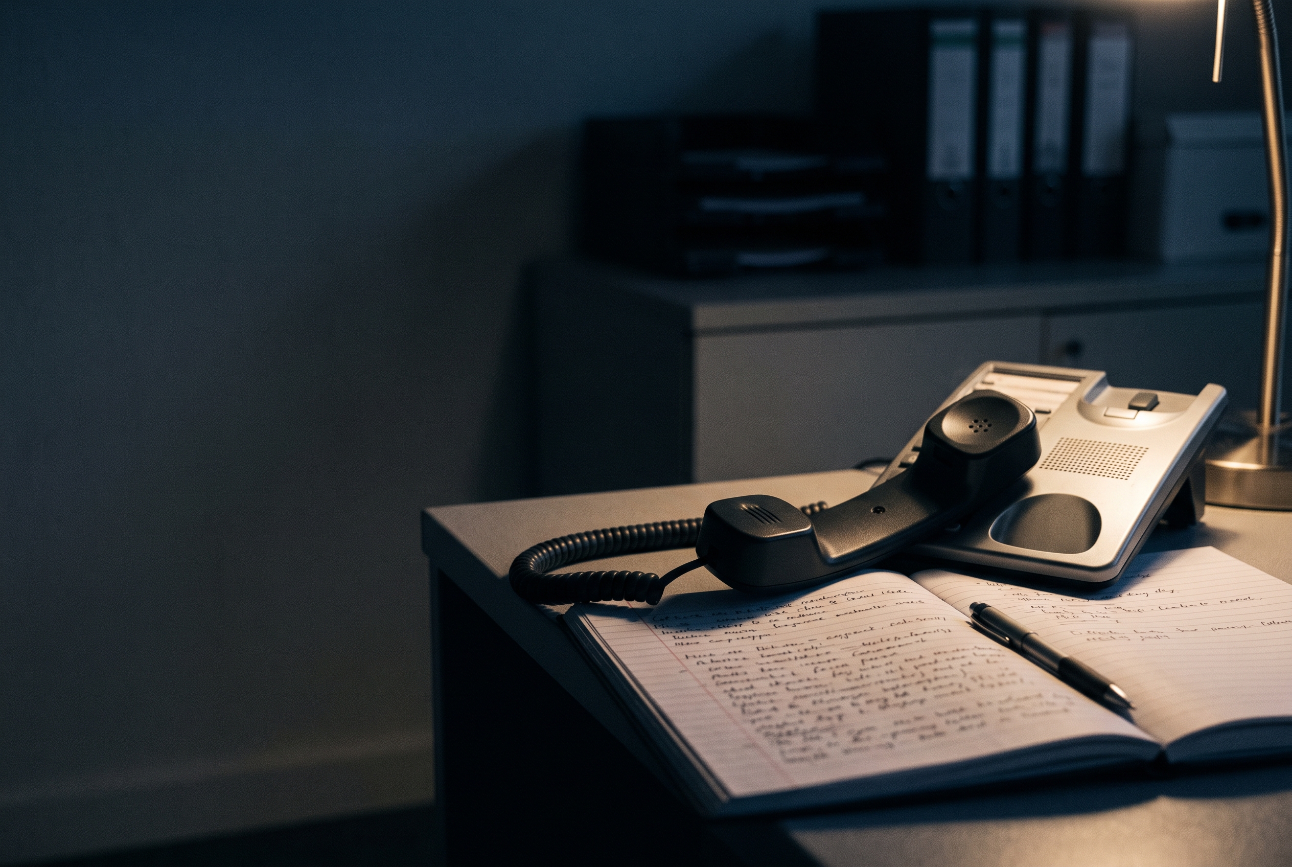 A telephone handset resting on an open notebook under a lamp.
