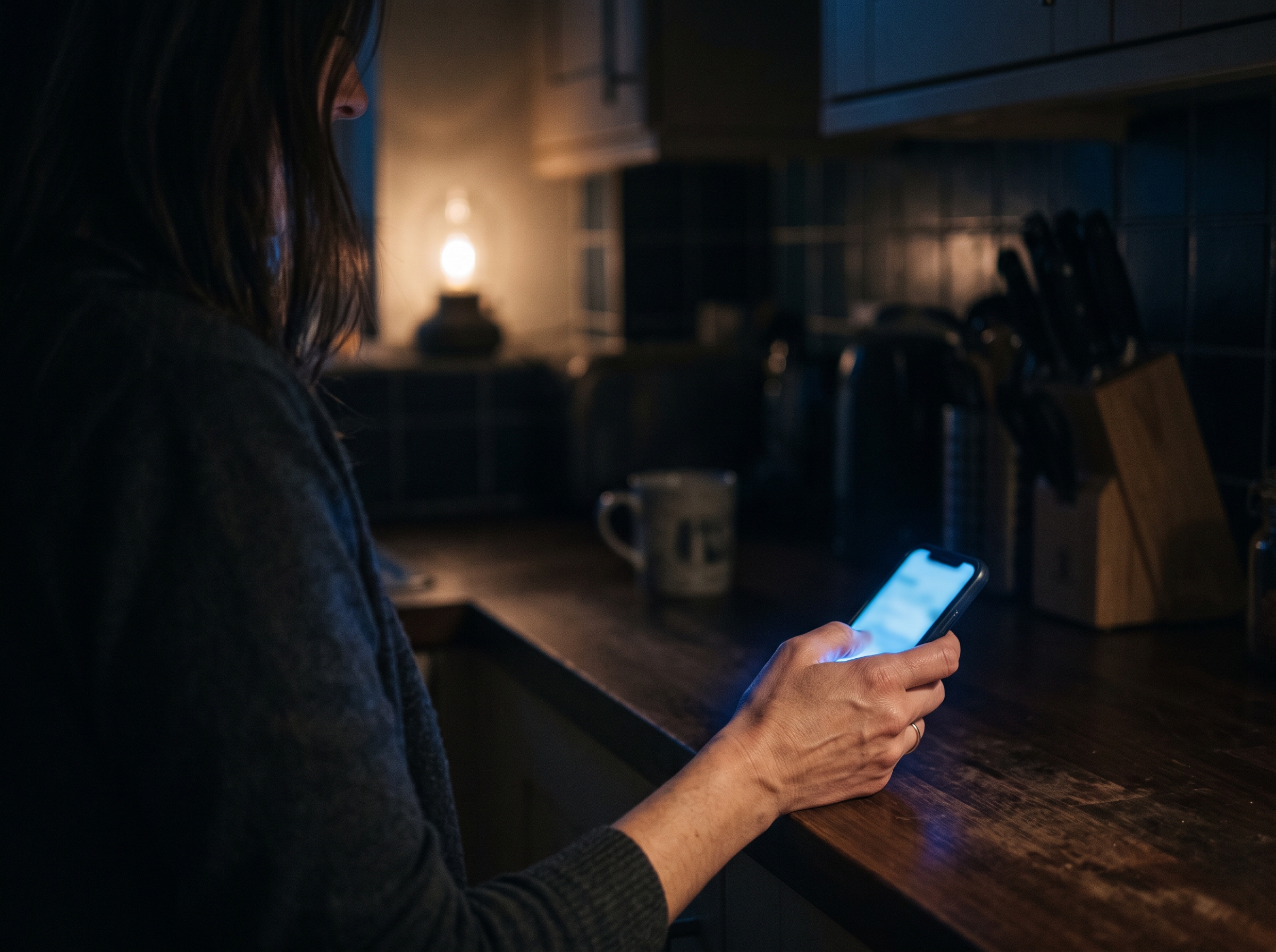 A hand holding a phone at a kitchen counter in the evening, the screen a soft blue glow.