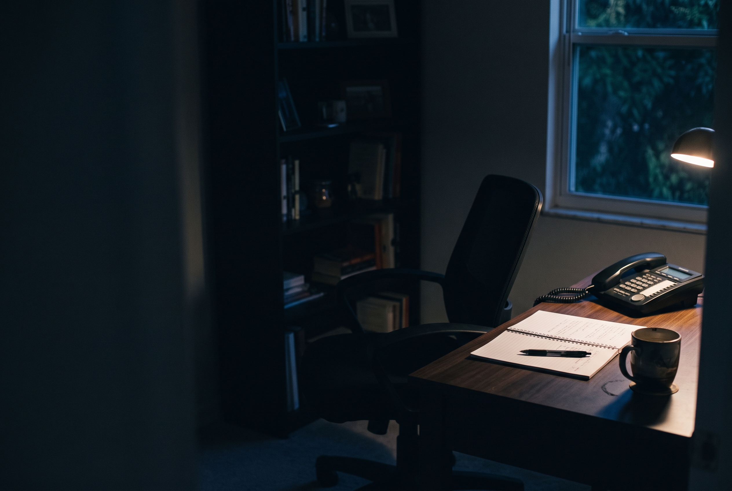 A home-office desk in Tampa at night: a desk phone, a notebook and a pen under one warm lamp.