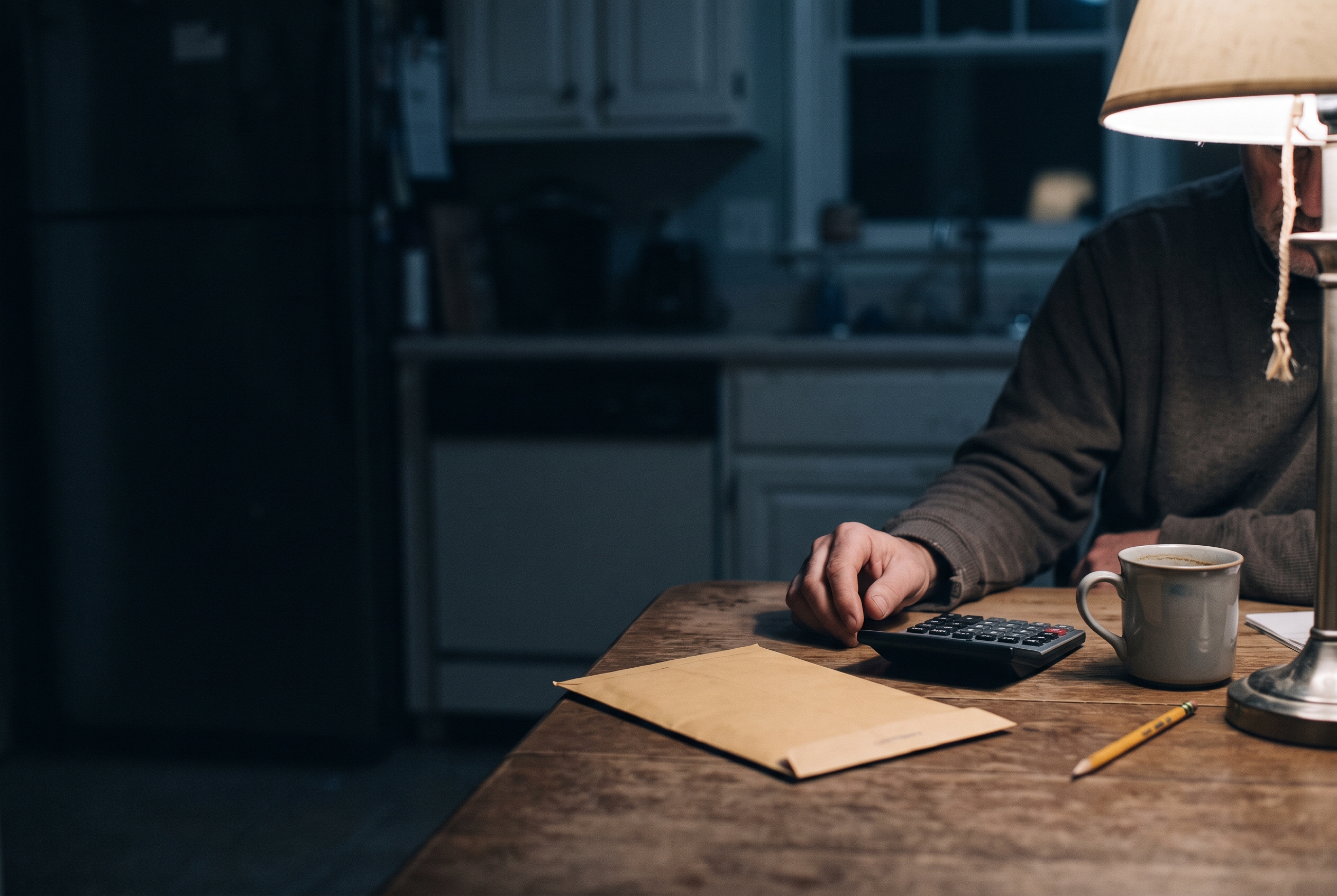 A kitchen table at night with a calculator, an envelope and a mug.