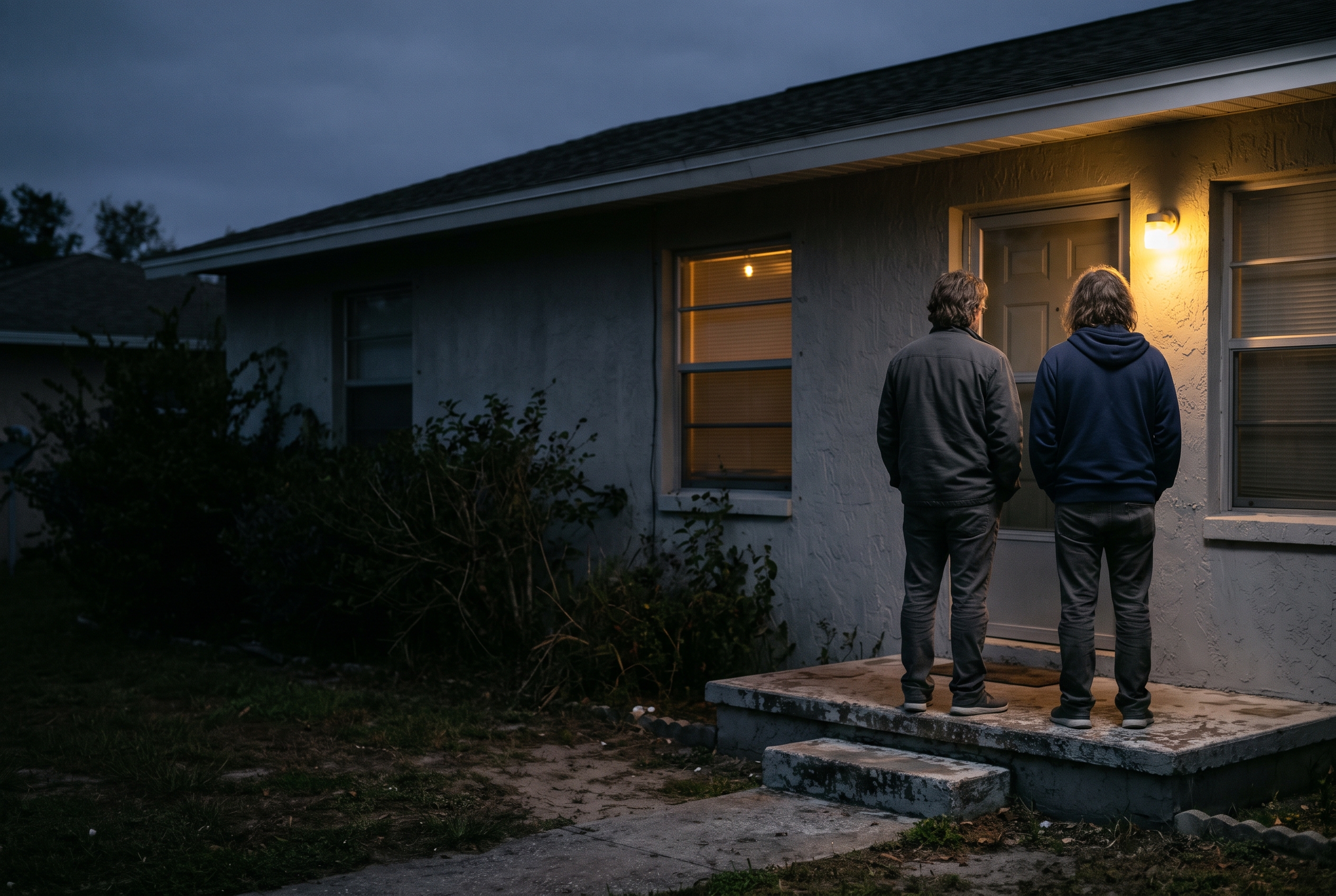 Two adults on a front step at dusk, looking at a house with one lit window.