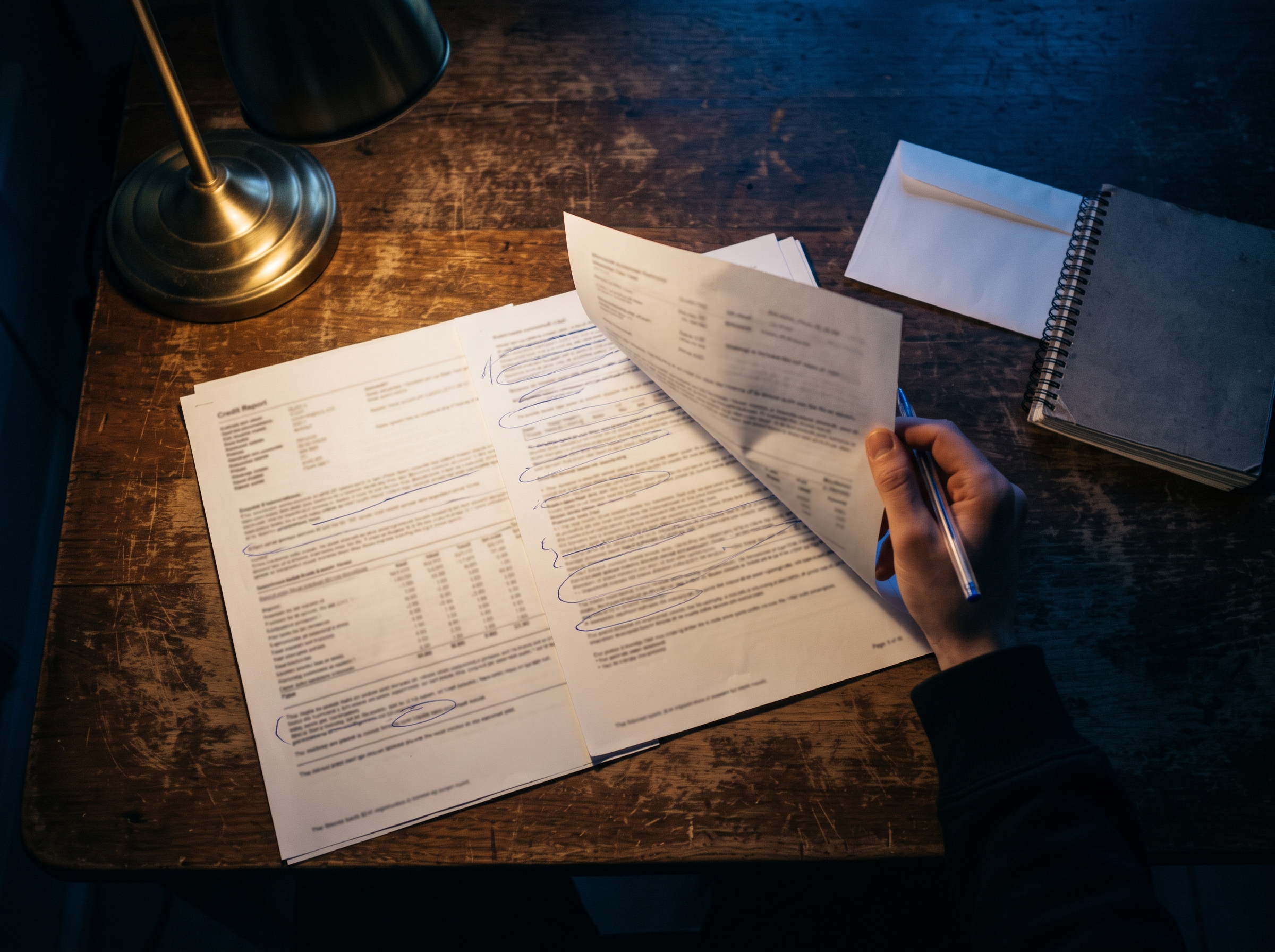 A printed credit report on a kitchen table at night, lines marked in blue ballpoint.
