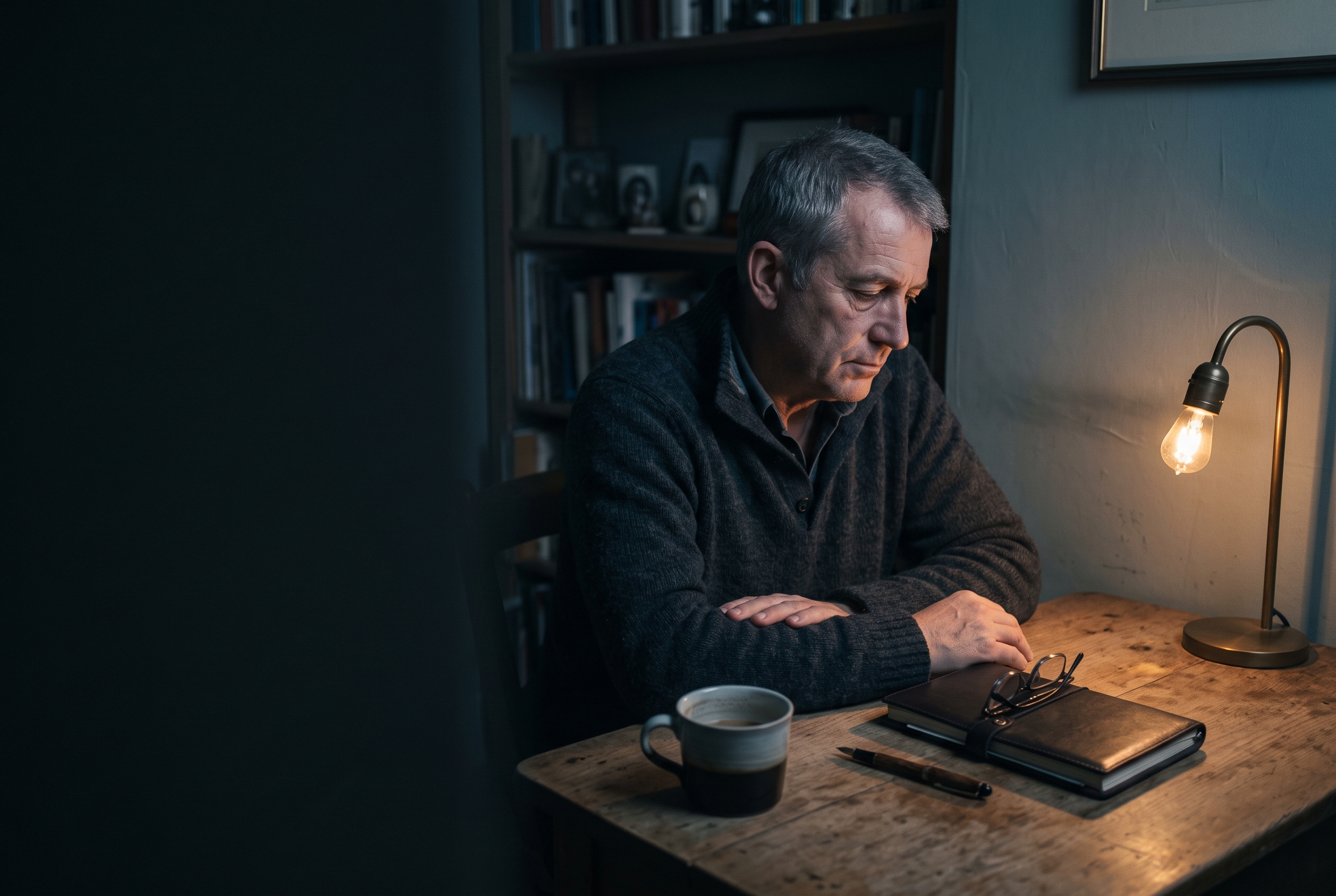 A desk at night with a closed notebook, reading glasses and a pen.