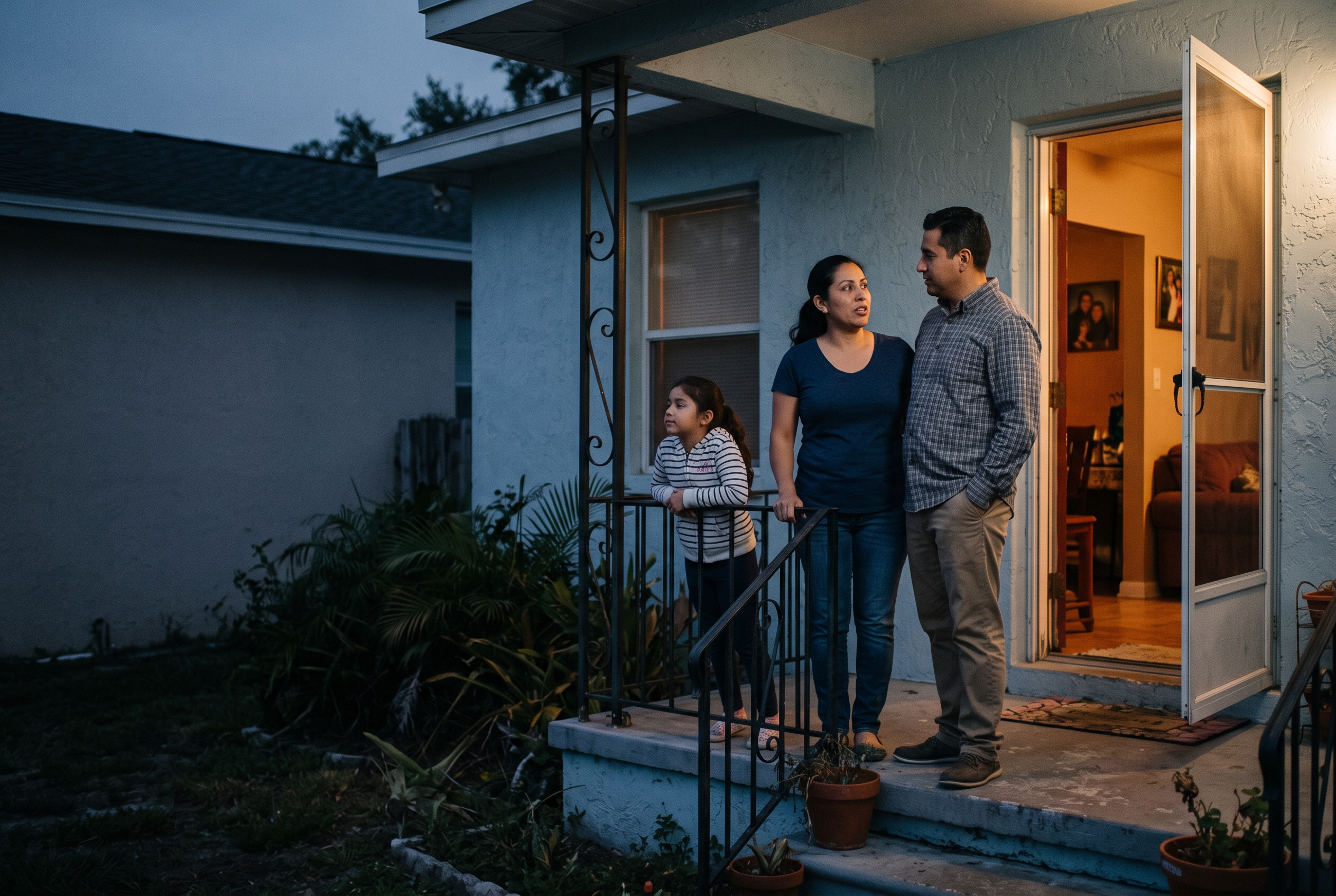 A family standing on the front step of their home in Tampa at dusk, the door open behind them.
