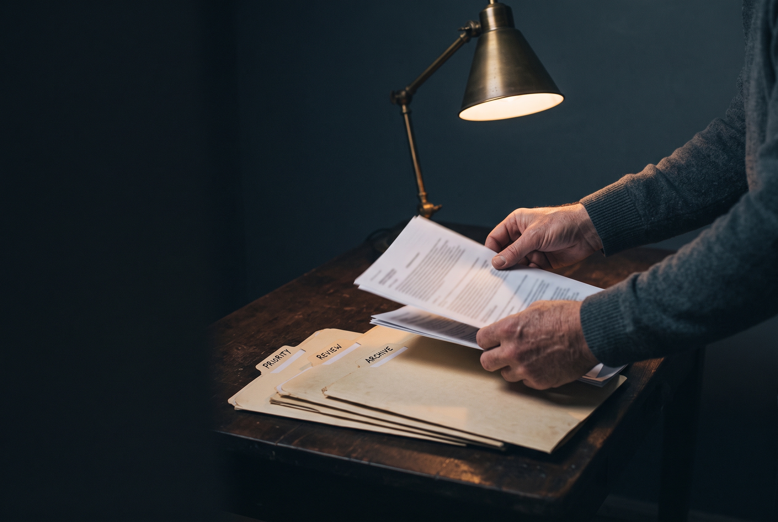 Hands sorting printed pages into labelled folders on a dark table.