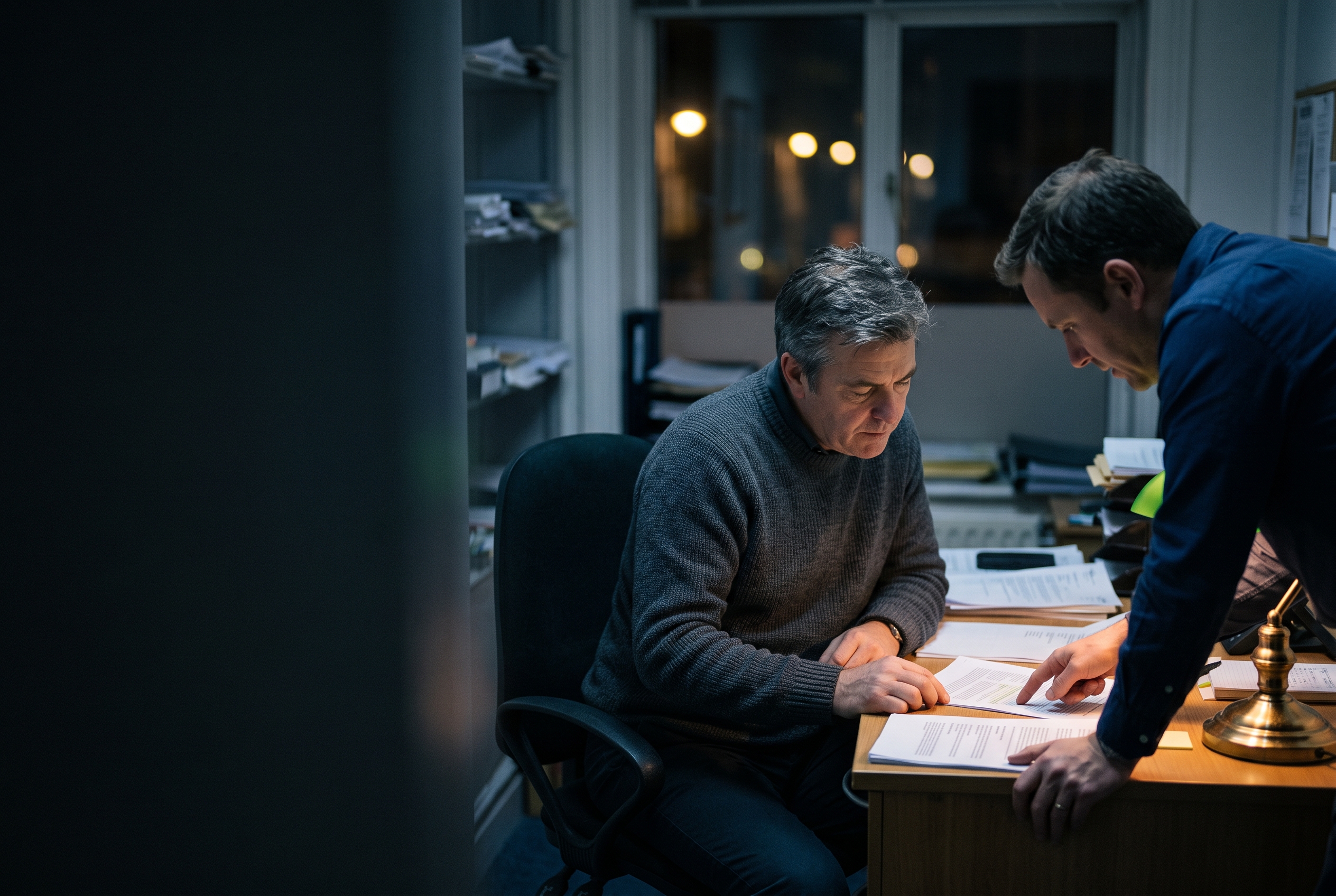 Two professionals leaning over printed documents at a desk in the evening.